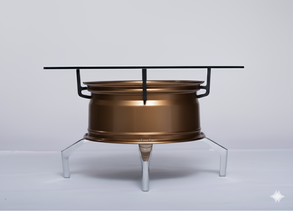 Felgentisch aus bronzener Raffa-Felge mit 70-cm Glasplatte und silbernen Metallfüßen