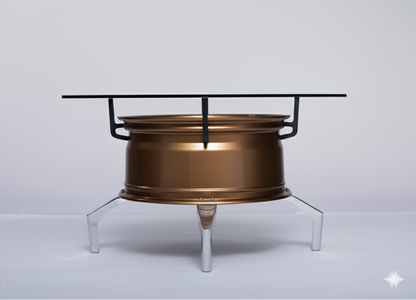 Felgentisch aus bronzener Raffa-Felge mit 70-cm Glasplatte und silbernen Metallfüßen