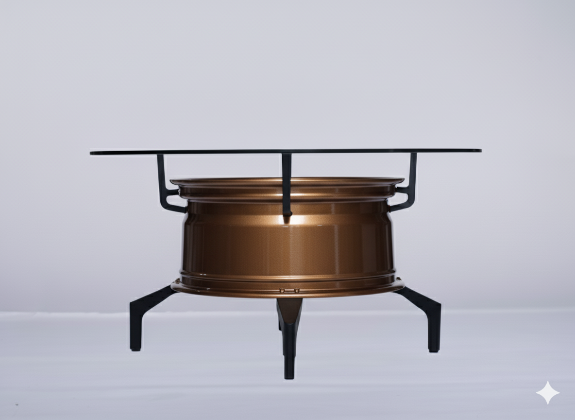 Felgentisch aus bronzener Raffa-Felge mit 70-cm Glasplatte und schwarzen Metallfüßen