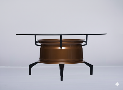 Felgentisch aus bronzener Raffa-Felge mit großer 80-cm Glasplatte und schwarzen Metallfüßen