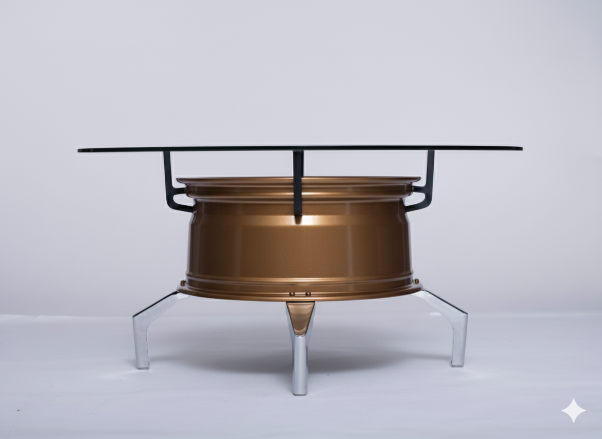 Felgentisch aus bronzener Raffa-Felge mit großer 80-cm Glasplatte und silbernen Metallfüßen