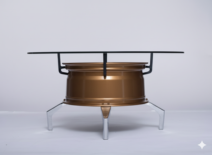 Felgentisch aus bronzener Raffa-Felge mit großer 80-cm Glasplatte und silbernen Metallfüßen