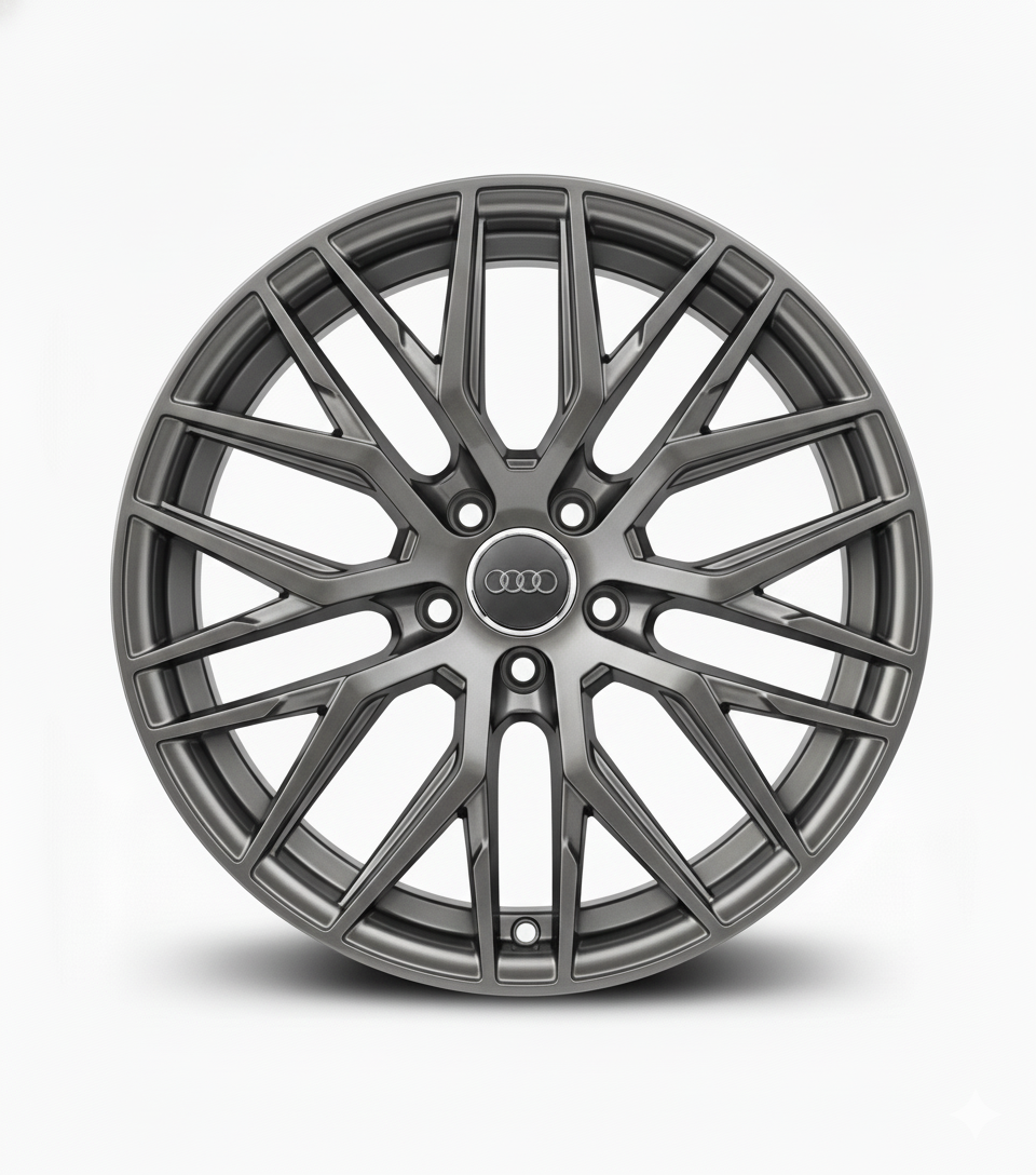 Hochwertige dunkelgraue Audi-Alufelge mit fein ausgearbeitetem Mehrspeichen-Design, Frontalansicht