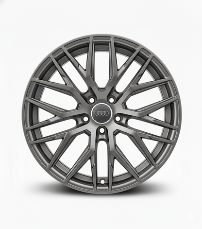 Hochwertige dunkelgraue Audi-Alufelge mit fein ausgearbeitetem Mehrspeichen-Design, Frontalansicht