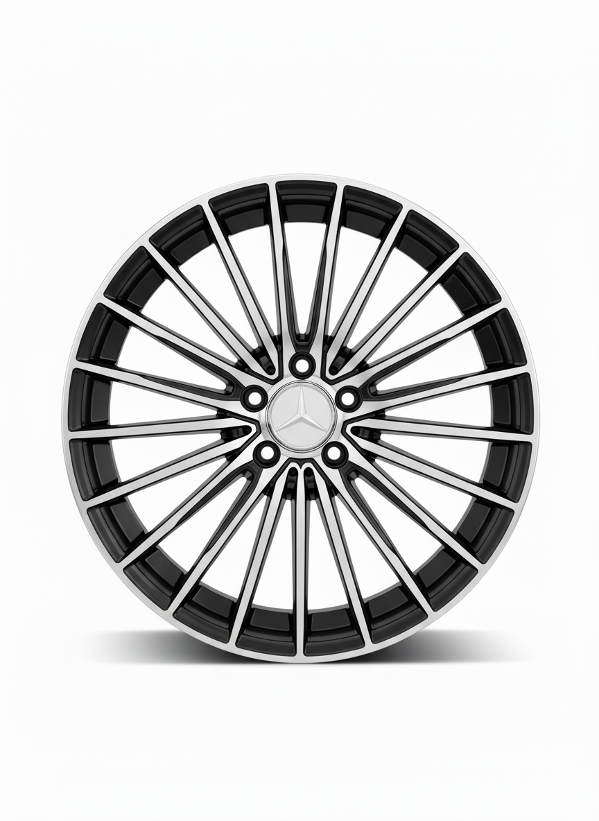 Zweifarbige Mercedes-Alufelge in Schwarz und Silber mit filigranem Mehrspeichen-Design