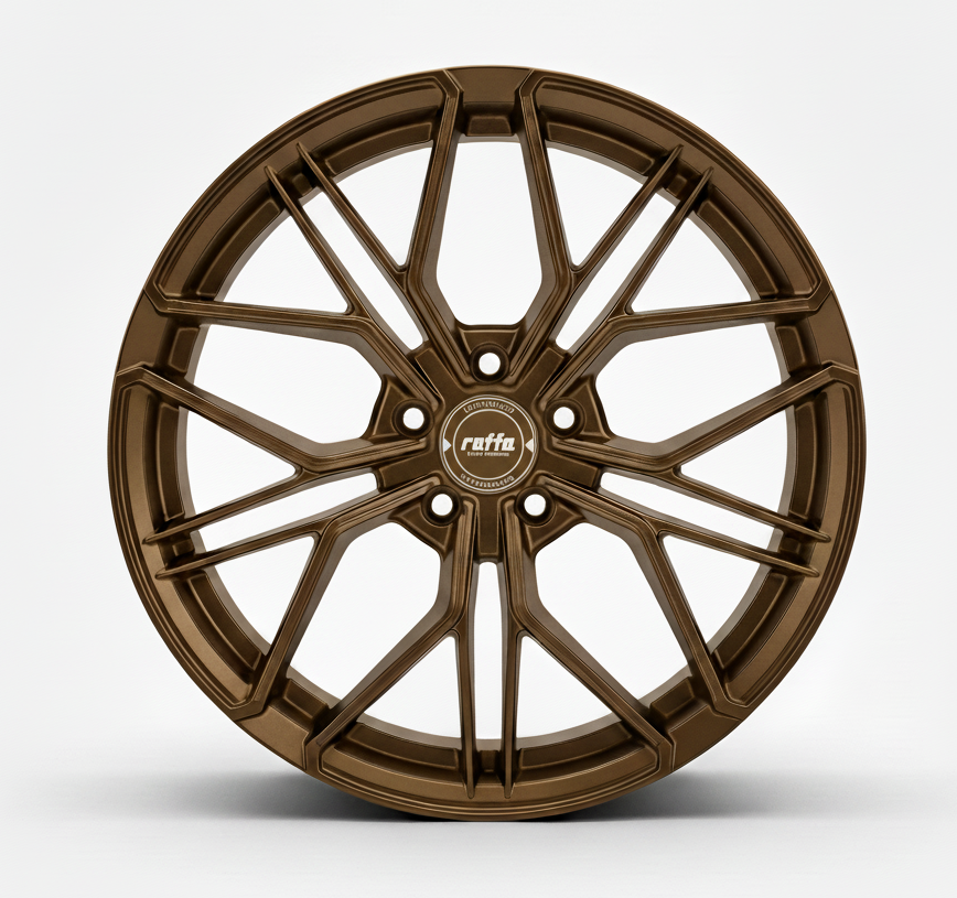 Bronzefarbene Raffa-Alufelge mit speziellem Mehrspeichen-Design, frontal fotografiert