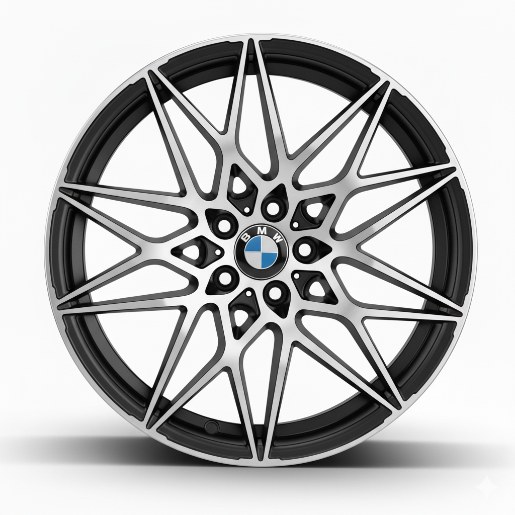 Hochwertige BMW-Alufelge in Silber-Schwarz mit filigranem Mesh-Mehrspeichen-Design, Frontalansicht