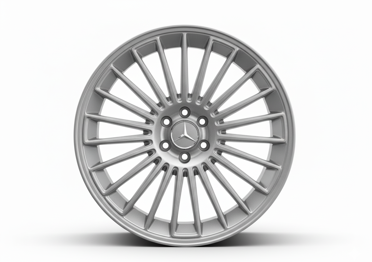 Silberne Mercedes-Alufelge im Mehrspeichen-Design, frontal fotografiert