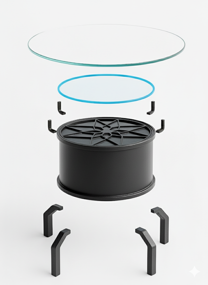 Explosionsdarstellung des Felgentisch-Pakets: Glasplatte, Montage-Dichtring, Kundeneigen-Felge und vier Tischfüße