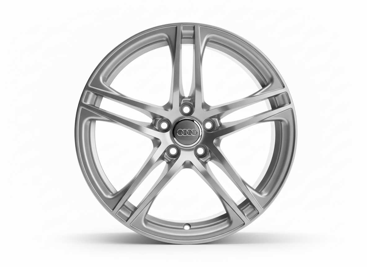 Hochwertige silberne Audi-Felge im modernen 5-Speichen-Design, Frontalansicht