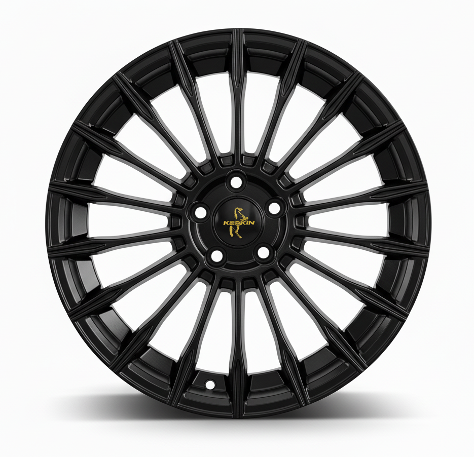 Hochwertige schwarze Keskin-Alufelge mit fein gearbeitetem Mehrspeichen-Design in Frontalansicht