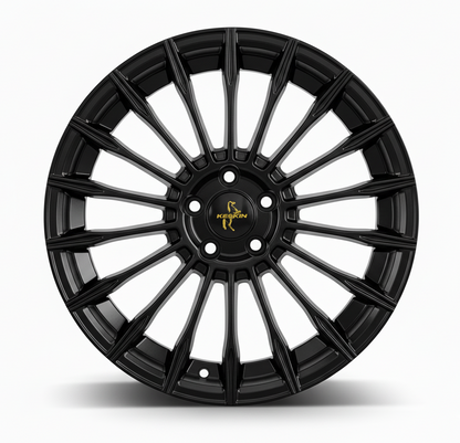 Hochwertige schwarze Keskin-Alufelge mit fein gearbeitetem Mehrspeichen-Design in Frontalansicht