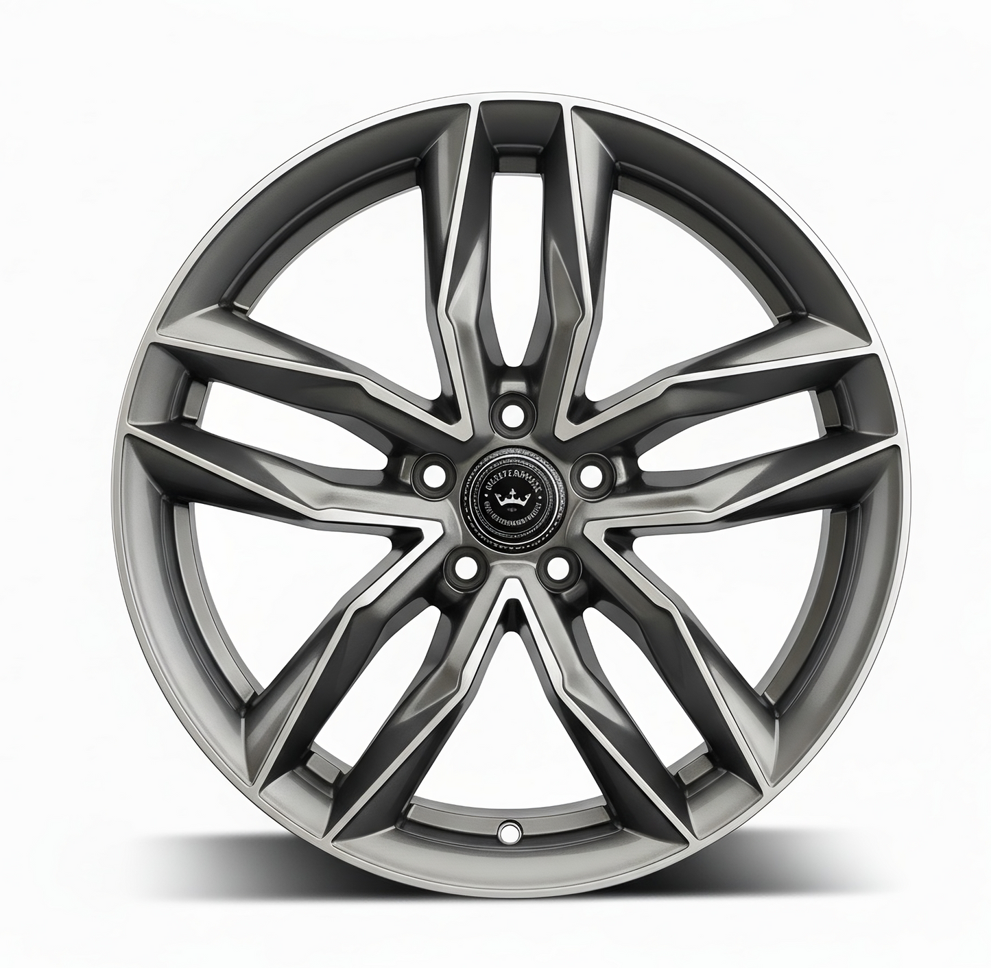 Hochwertige silberne Alufelge im aggressiven V-Speichen-Design, Frontalansicht