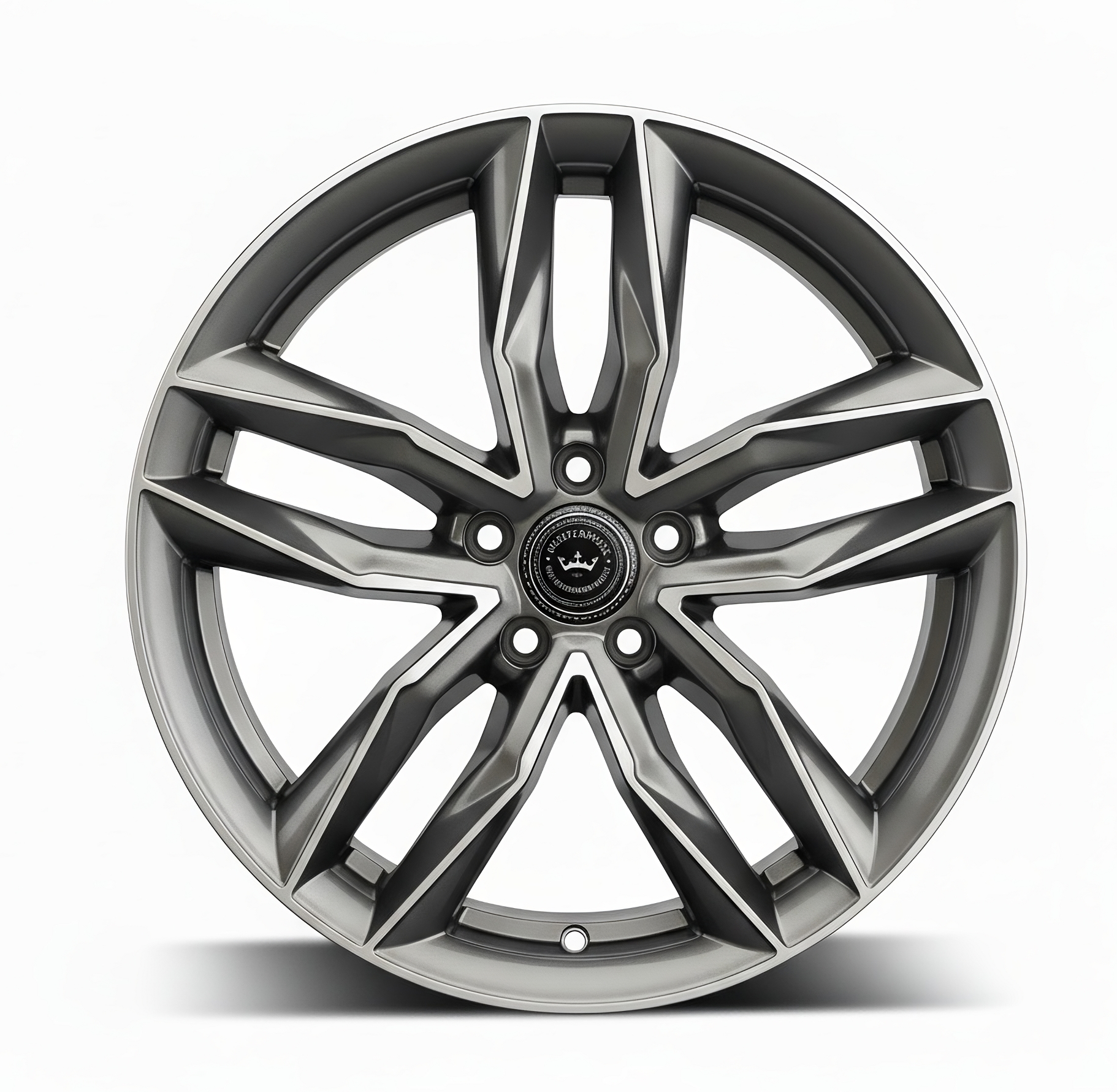 Hochwertige silberne Alufelge im aggressiven V-Speichen-Design, Frontalansicht