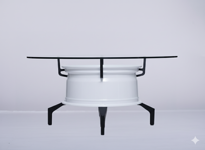 Felgentisch aus weißer Alufelge mit großer 80-cm Glasplatte und schwarzen Metallfüßen